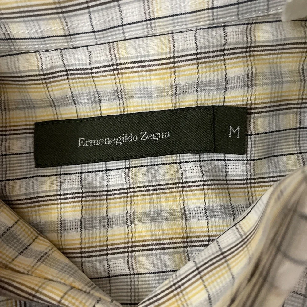 Ermenegildo Zegna Mens‎ M Plaid Shirt Yellow Gray Cotton Long Sleeve Button Up